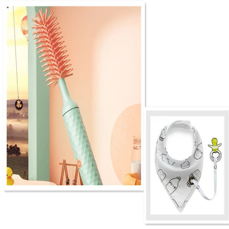 Electric silicone bottle brush set with 360-degree rotation for cleaning baby bottles and pacifiers