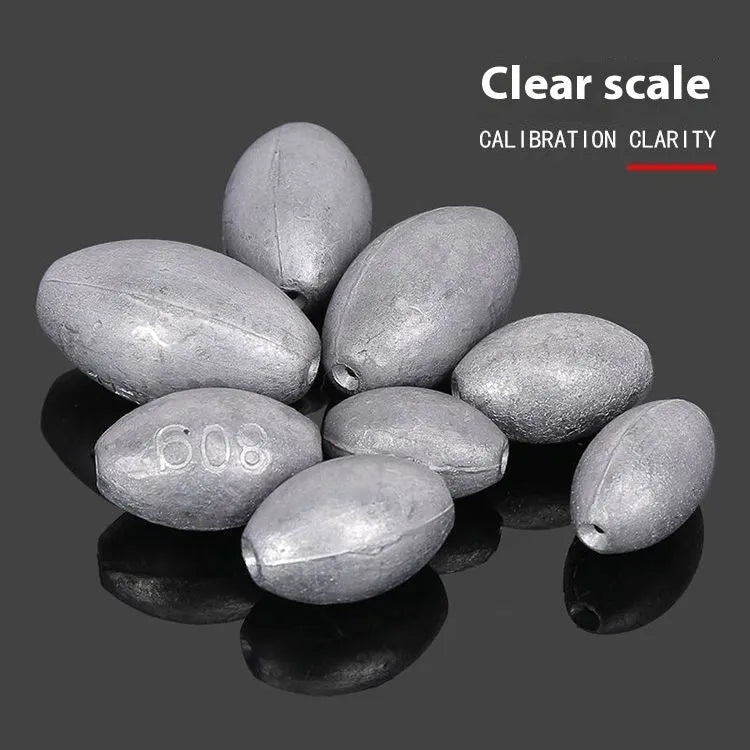 Rugby-shaped olive lead fishing sinker with scale texture, showing plastic core and weight options from 10g to 150g.