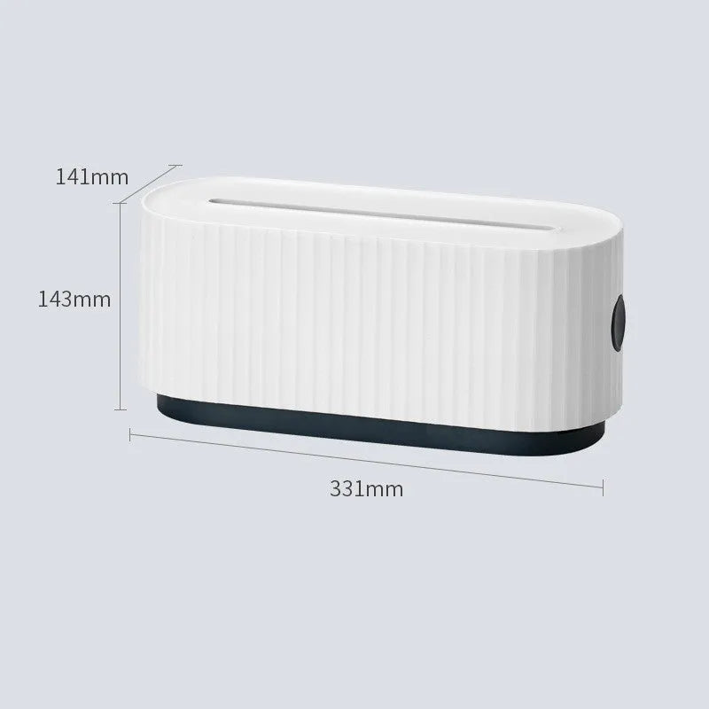 Blue and white HIPS power strip storage box with dustproof cover showing cable routing holes