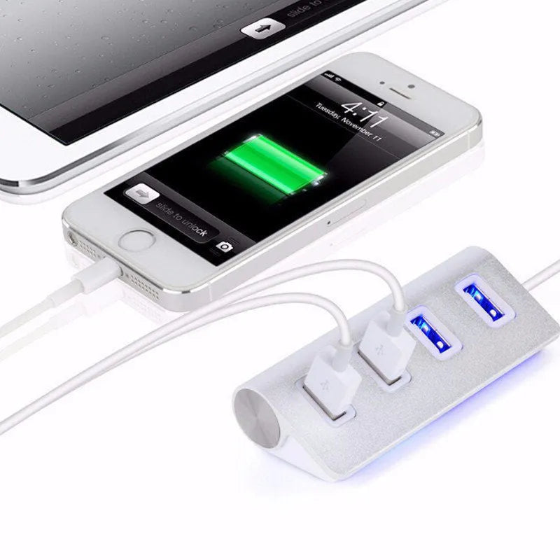 Silver USB-C to 4-port USB 2.0 hub with aluminium alloy build, compact size 88x39x22 mm
