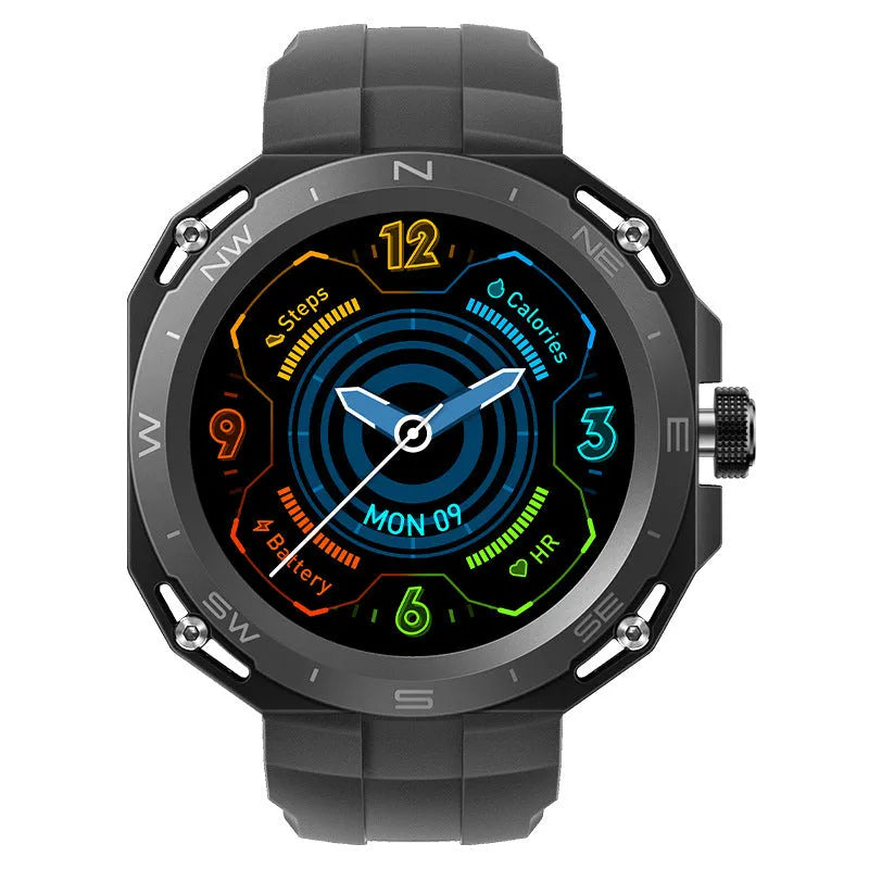 Smart watch with zinc alloy case and silicone band in midnight black, showing voice call and health monitoring features