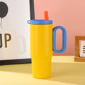 Portable straw cup with carry handle in multiple colour options showing heat preservation and cold storage properties