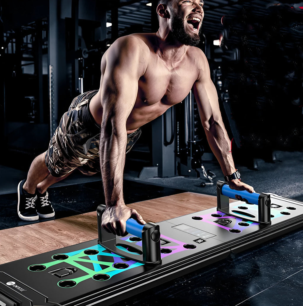 Black multifunctional push-up board with ABS plastic frame and TPE soft grips, 87cm x 43cm x 20cm