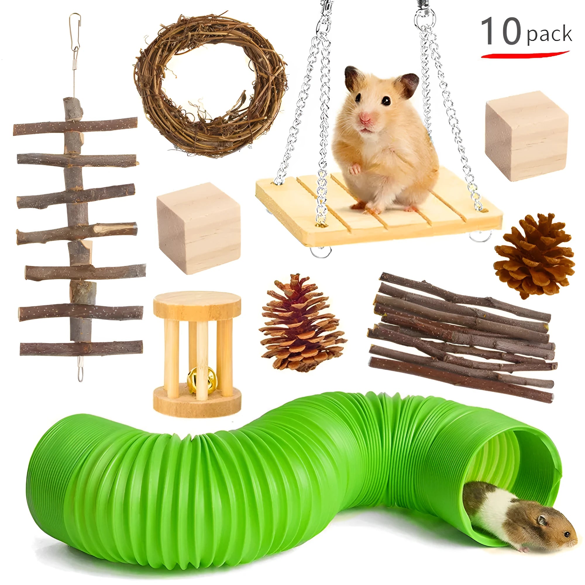 Wooden pet toy set for rabbits, guinea pigs, and parrots with various chew items