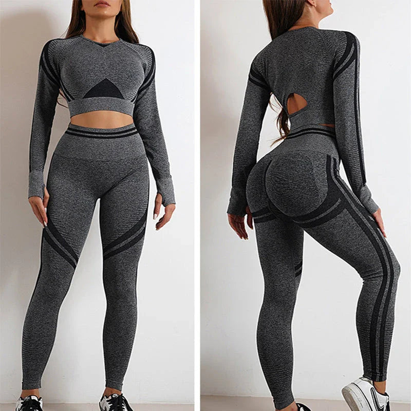 Comfortable and stylish workout wear including seamless leggings and long sleeve tops in a variety of colors