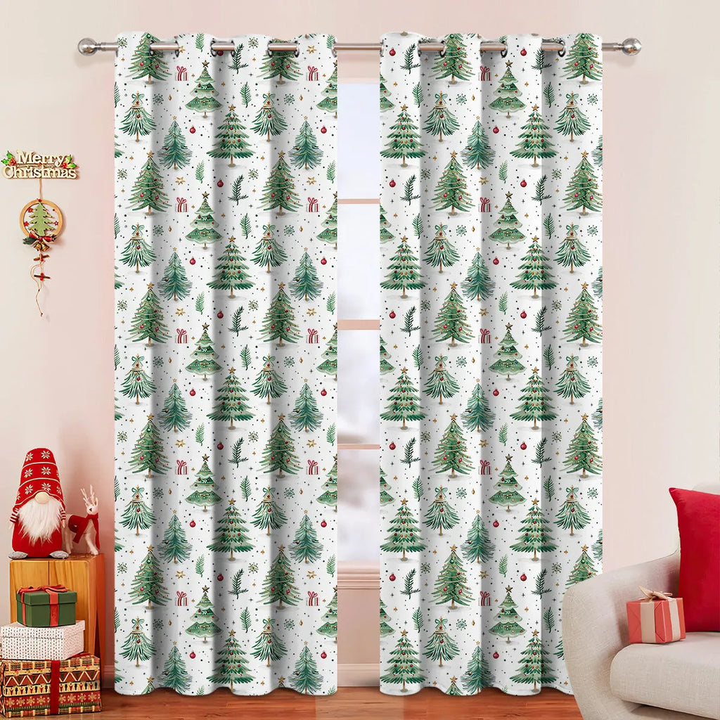 Modern Christmas Forest patterned polyester punching shading curtain hung on a window.