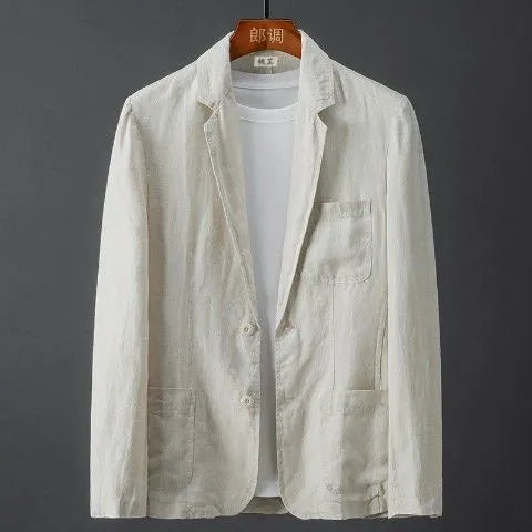 Men's slim fit linen suit jacket in solid colour with nine-point sleeves