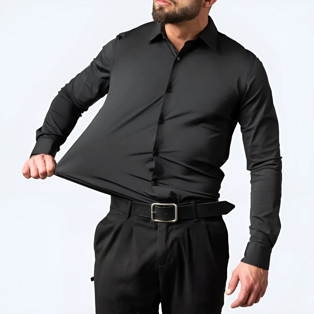 Men's solid colour slim fit polyester long sleeve business shirt in white and blue on a model