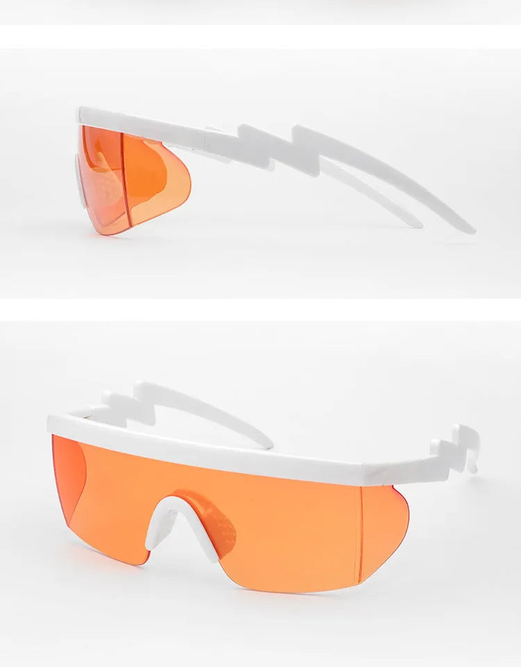 Sports sunglasses with curved foot piece design showing colourful film lenses and UV400 protection in PC frame