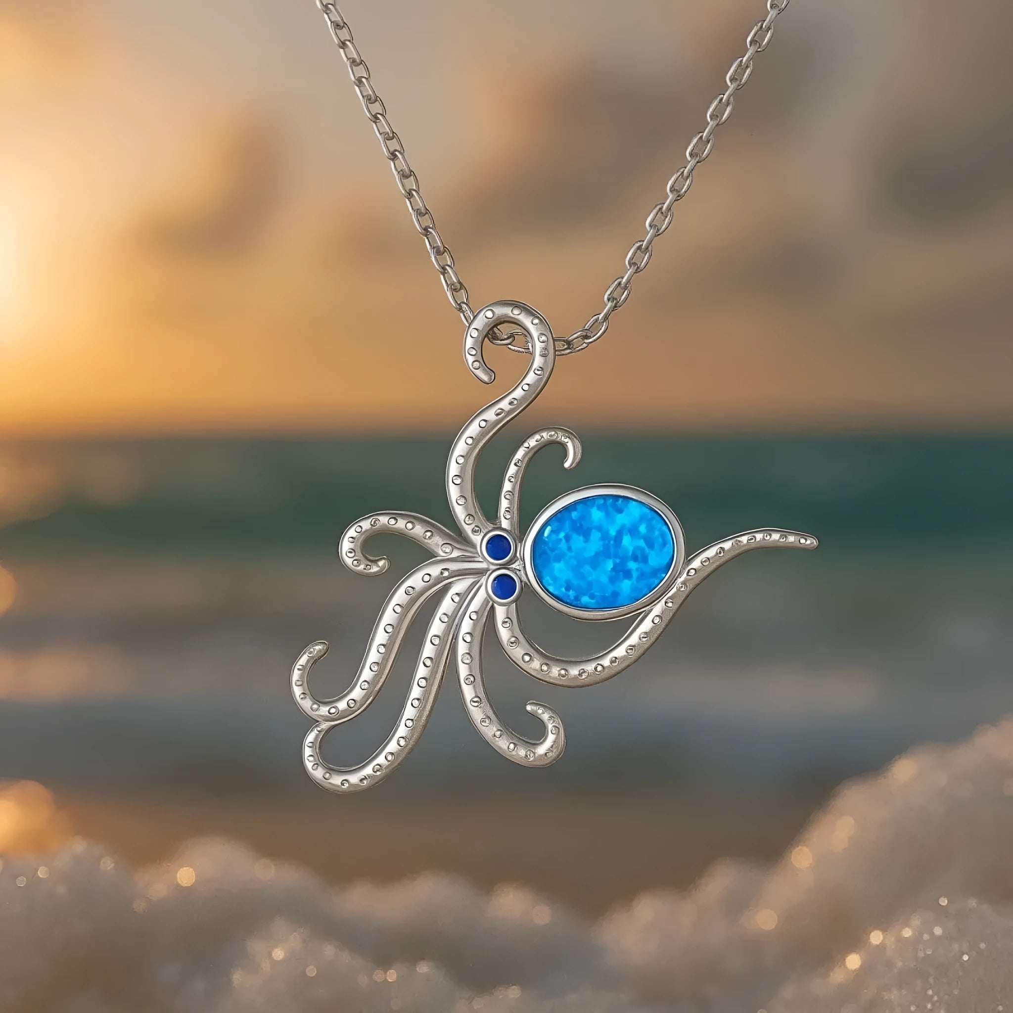 Silver stainless steel octopus pendant necklace with opal inlay on a box chain.