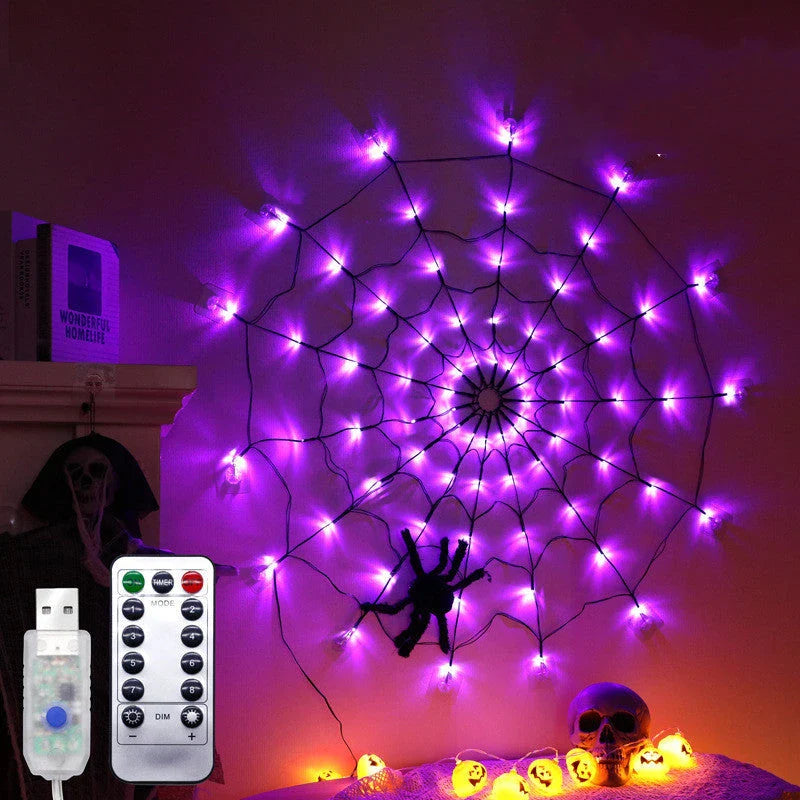 Spooky Halloween spider web string lights with 70 LED lights and realistic furry spider, perfect for indoor or outdoor decoration