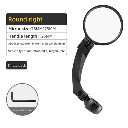 Bike mirror with acrylic lens mounted on bicycle handlebar showing 360° rotation capability