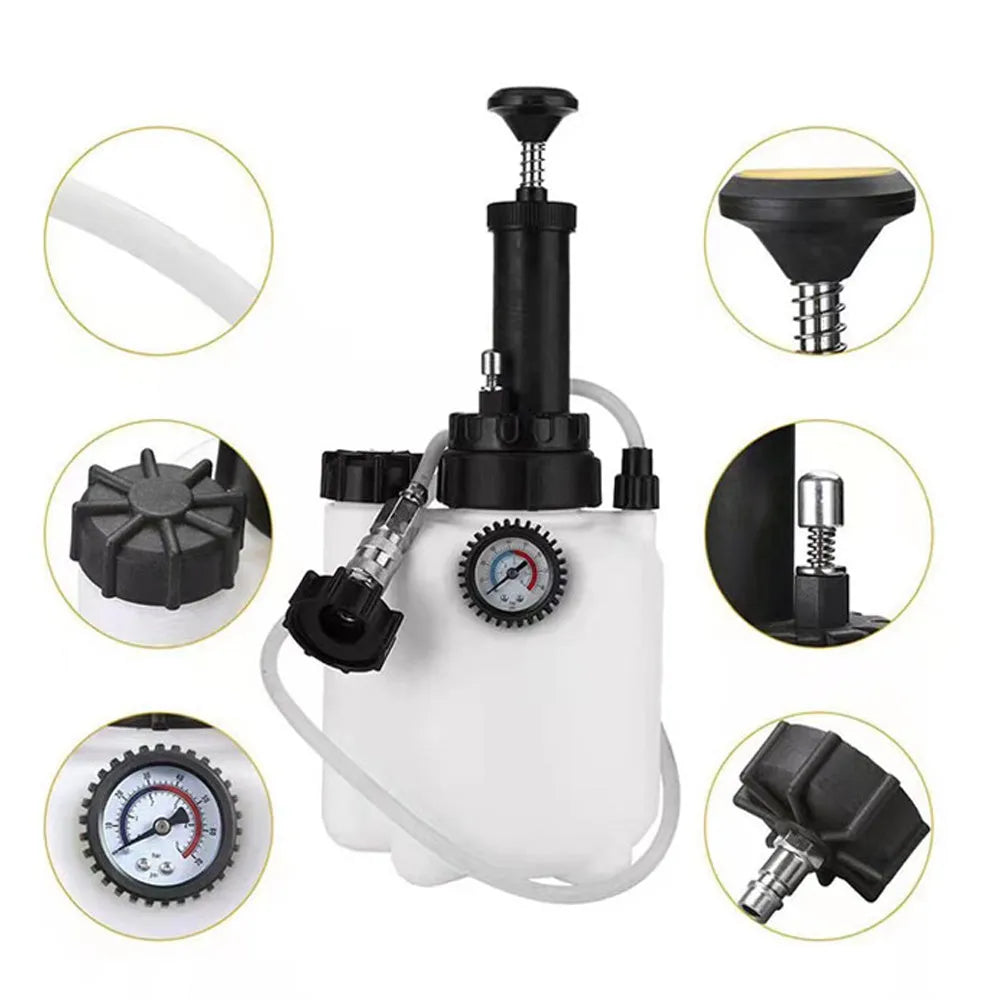 White 3-litre automotive brake fluid tank and bleeding tool with copper and iron components.