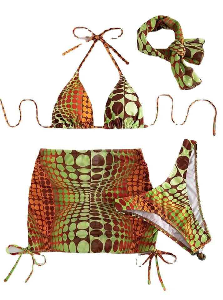 Printed split bikini women's swimsuit set with chest pad, high-waist skirt, shorts, and headband in polyester, picture colour