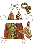 Printed split bikini women's swimsuit set with chest pad, high-waist skirt, shorts, and headband in polyester, picture colour
