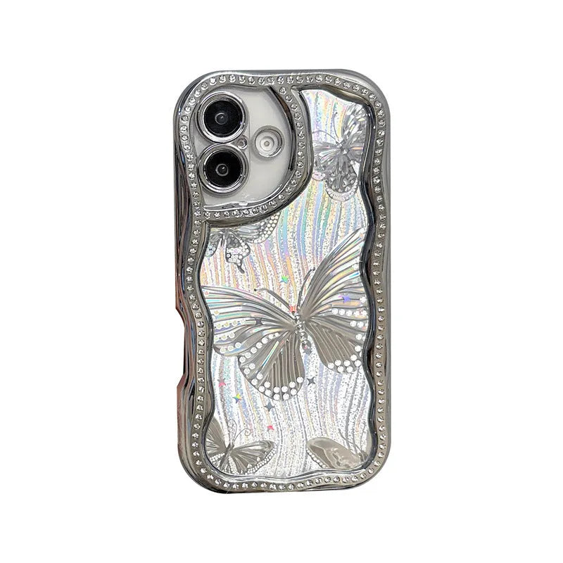 Cream epoxy electroplating diamond edge phone case with laser butterfly design for iPhone