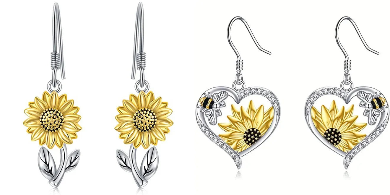 Silver alloy fashion earrings with bee and sunflower heart designs
