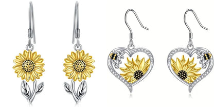 Silver alloy fashion earrings with bee and sunflower heart designs