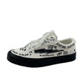 Women's white canvas shoes low top with lace-up tie and graffiti pattern on non-slip vulcanised sole