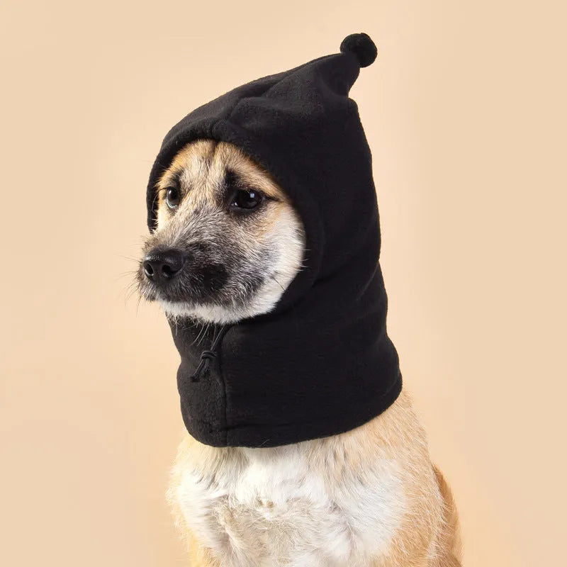 A black cloth bear headdress with rabbit ears for a dog or cat, showing adjustable sizing.