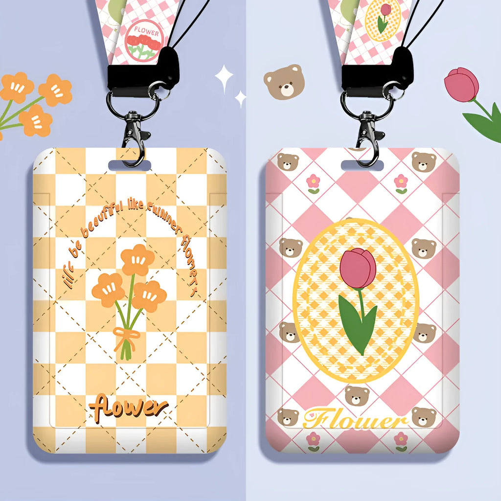 Student card set with plastic sleeve, neck strap and keychain in cartoon design