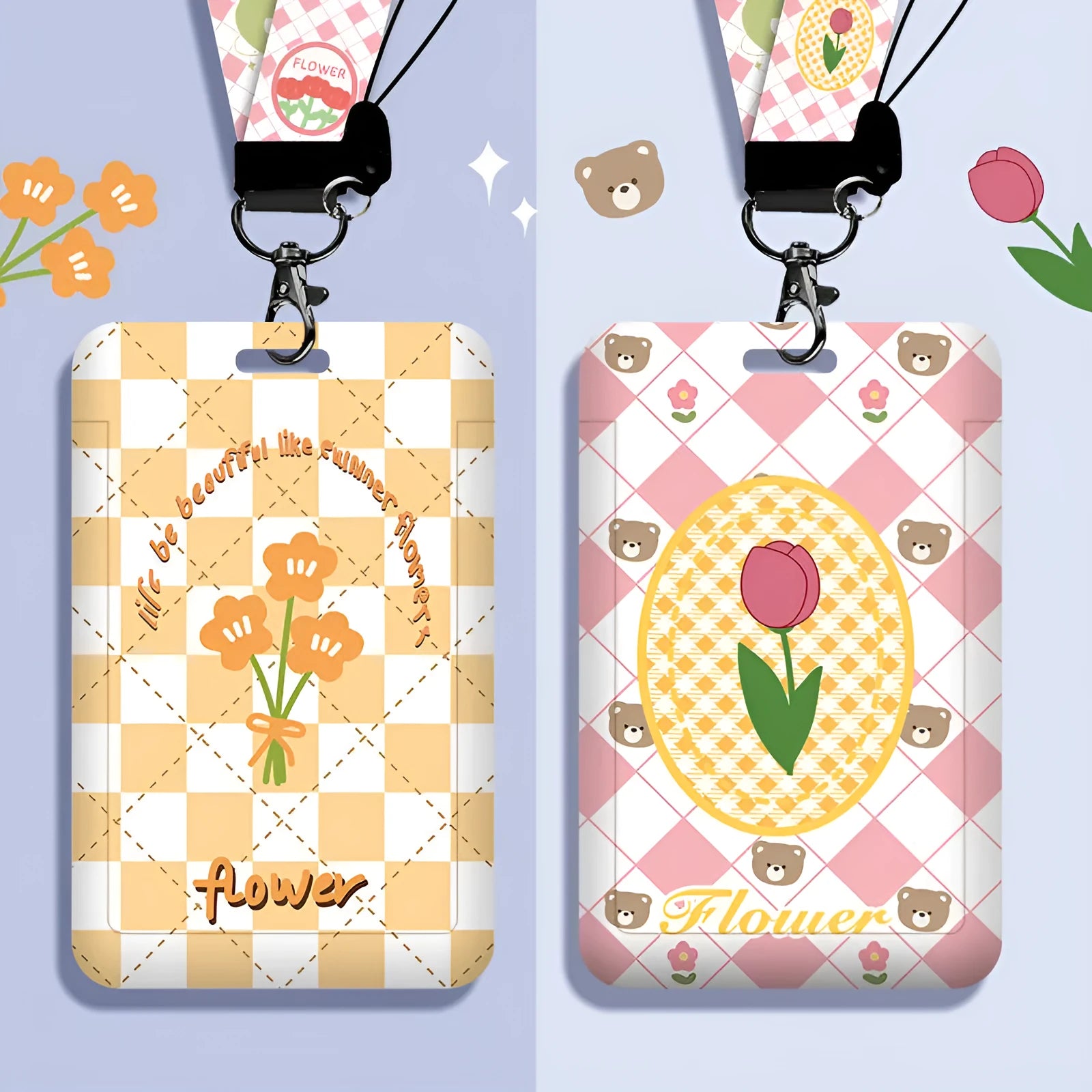 Student card set with plastic sleeve, neck strap and keychain in cartoon design