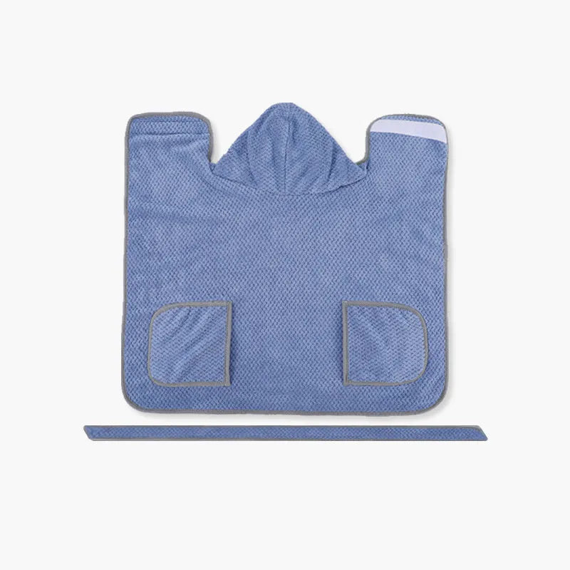 Blue dog bath robe towel with adjustable waistband wrapped around a dog, showing soft fleece material.