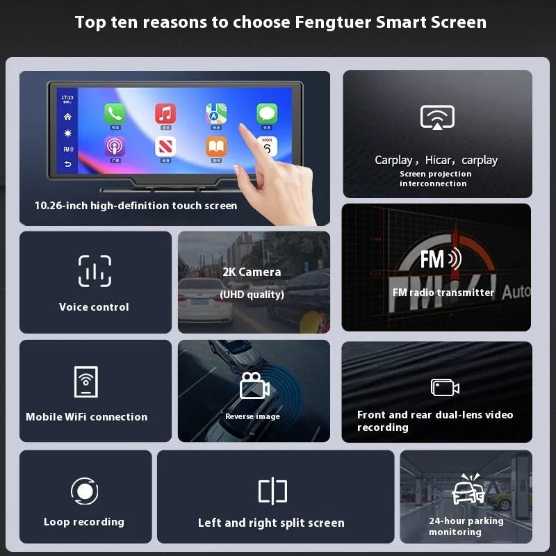 10-inch car touchscreen displaying navigation with front and rear camera views