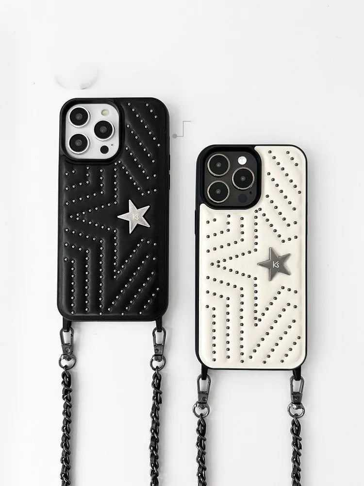Rivet Crossbody High Sense Phone Case in black leather texture for iPhone 14 Pro Max, anti-fall protective shell