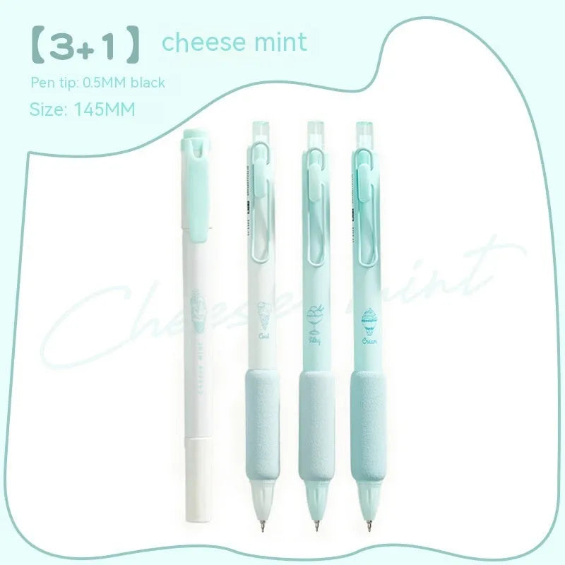 Set of four double-headed fluorescent pens for student calligraphy practice on a desk.