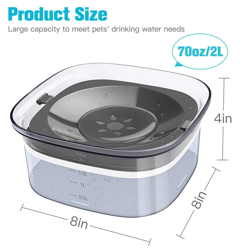 Transparent plastic dog water bowl with floating slow-feeder disk inside.