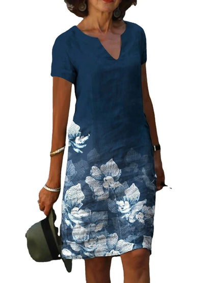 Floral Midi Dress with V-Neck and Short Sleeves, Made from Premium Cotton and Linen Blend