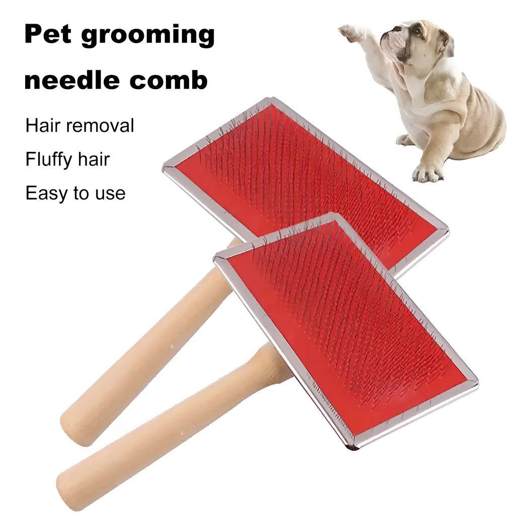 Stainless steel pet grooming comb with wooden handle on a white background for detangling dog and cat fur