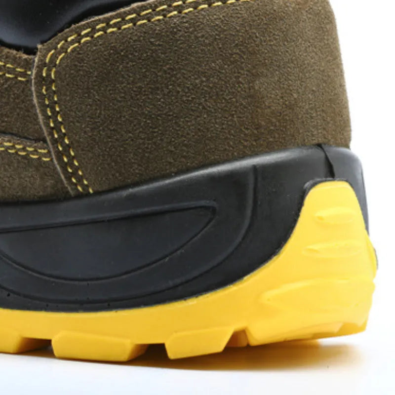 Bronze coloured cowhide steel toe safety shoes with anti-skid sole pattern