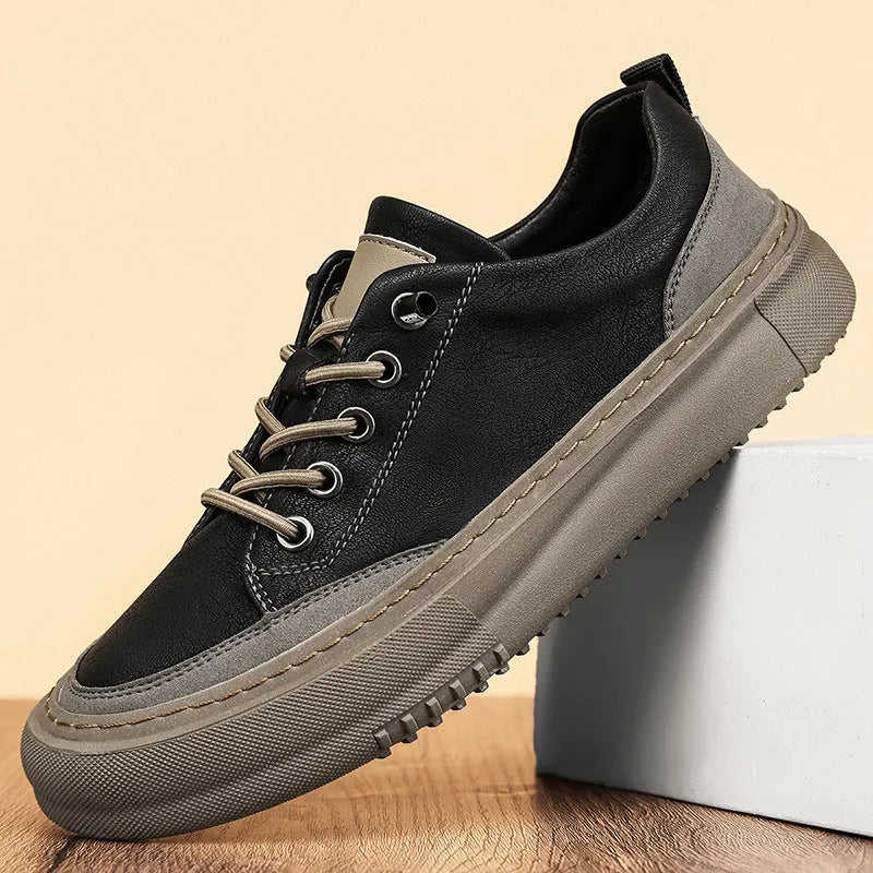British men's round toe leather shoes in black with lace-up front and rubber sole