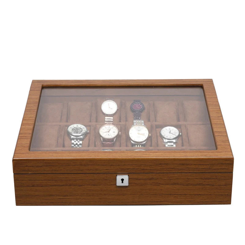 Matte wood grain lock watch storage box with 5 slots, brown finish