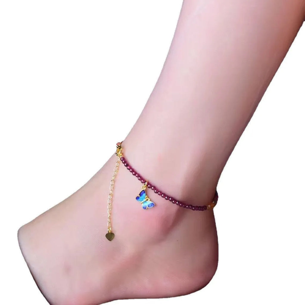Purple garnet ethnic geometric anklet for women with adjustable chain