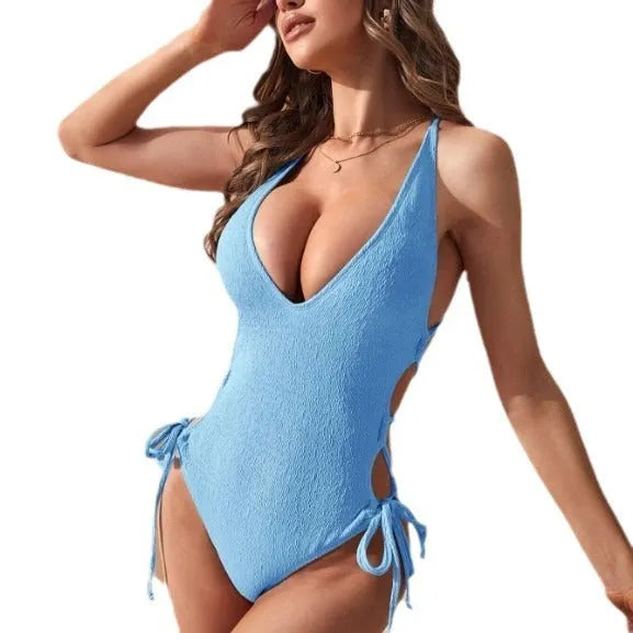 Women's solid colour hollow backless tether bikini one-piece swimsuit