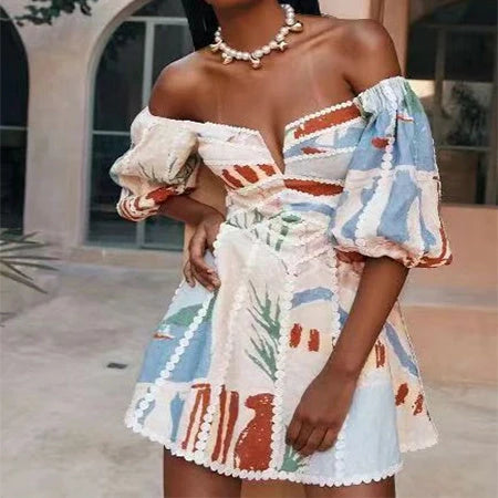 Women's red floral print sling dress with V-neck design