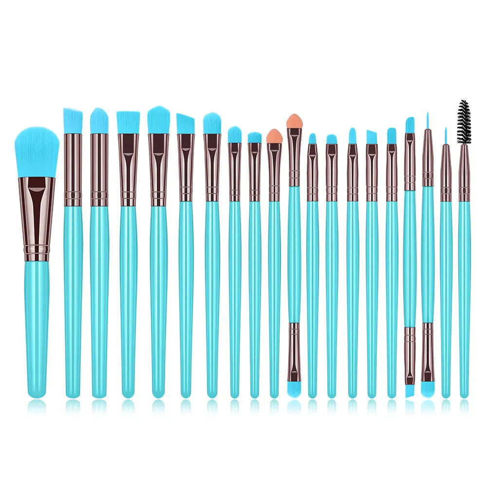 20-piece fluorescent makeup brush set with plastic handles and nylon wool bristles in OPP bag