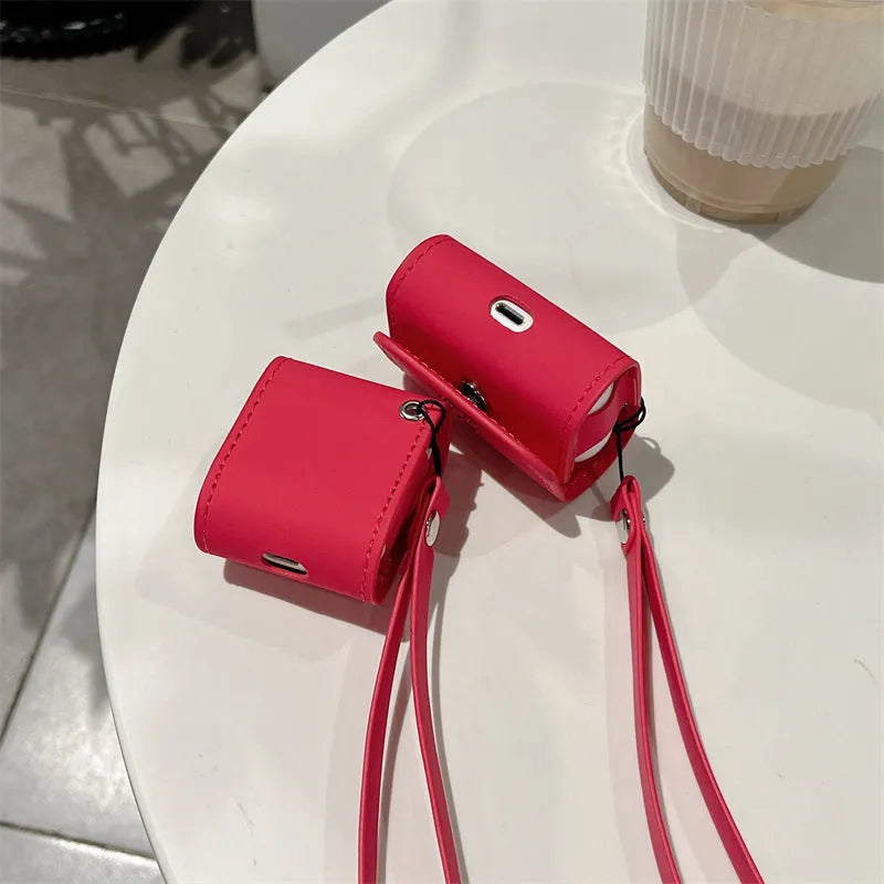 Rose red TPU earphone case with leather lanyard for AirPods, embossed cartoon pattern