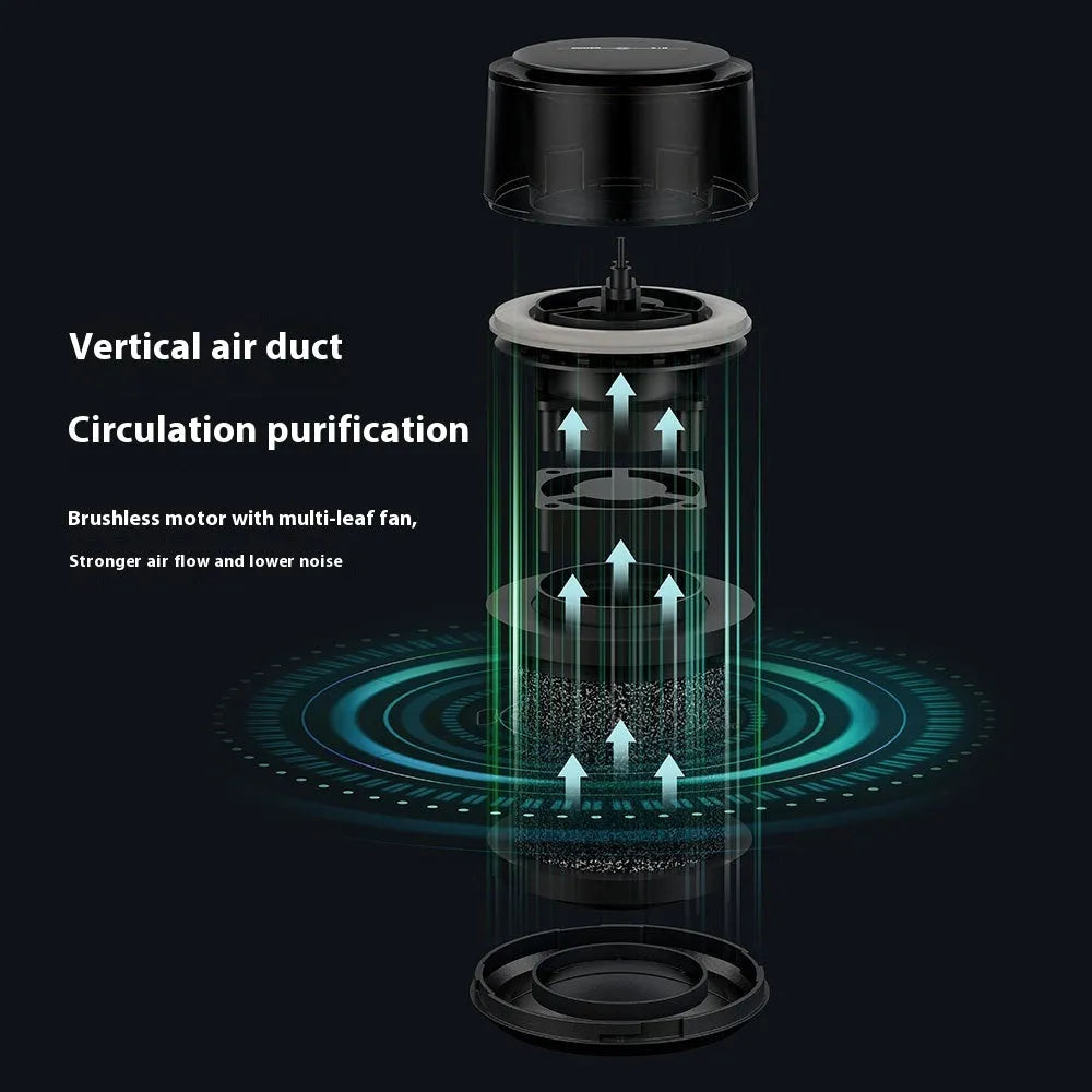 Black car air purifier with running light on a dashboard, ABS construction, 5W USB powered