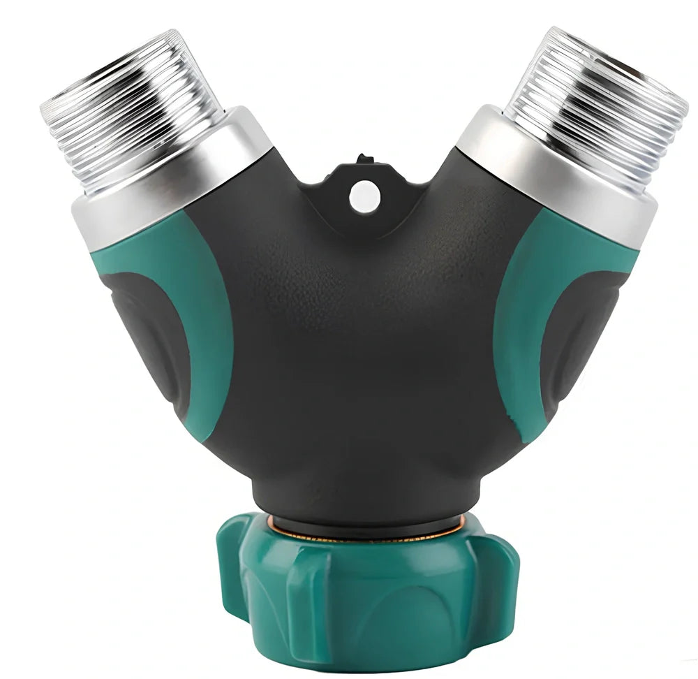 Green Y-type double-pass splitter, 94x91x55mm plastic body with zinc alloy outlets and seals for garden hose connections