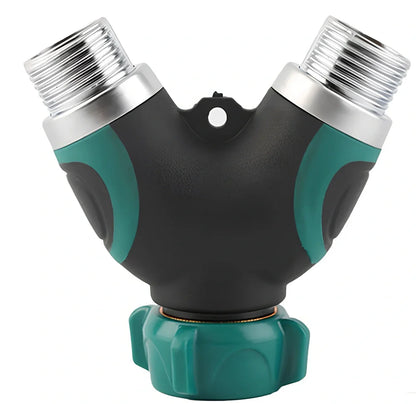 Green Y-type double-pass splitter, 94x91x55mm plastic body with zinc alloy outlets and seals for garden hose connections