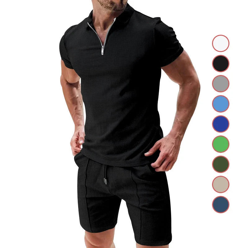 Men's summer waffle suit set with zipper lapel top and drawstring shorts in various colours