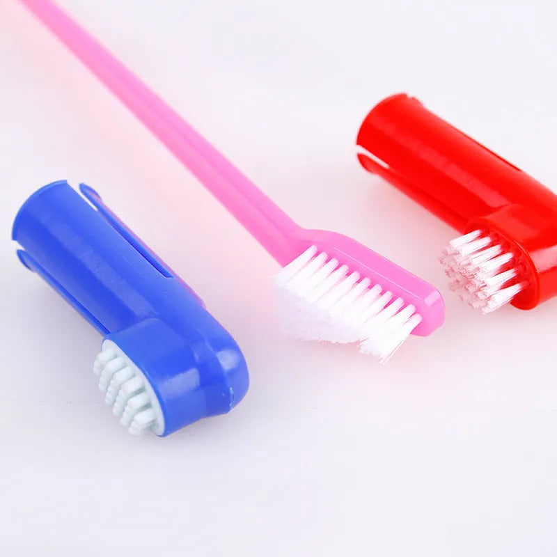 Pet toothbrush set with double head plastic brush and two soft silicone finger toothbrushes for dogs and cats
