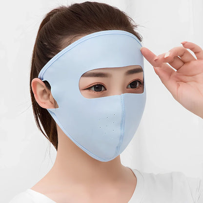 Breathable ice silk full face sun mask for women in navy blue, regular size, protecting eyes and skin from UV rays