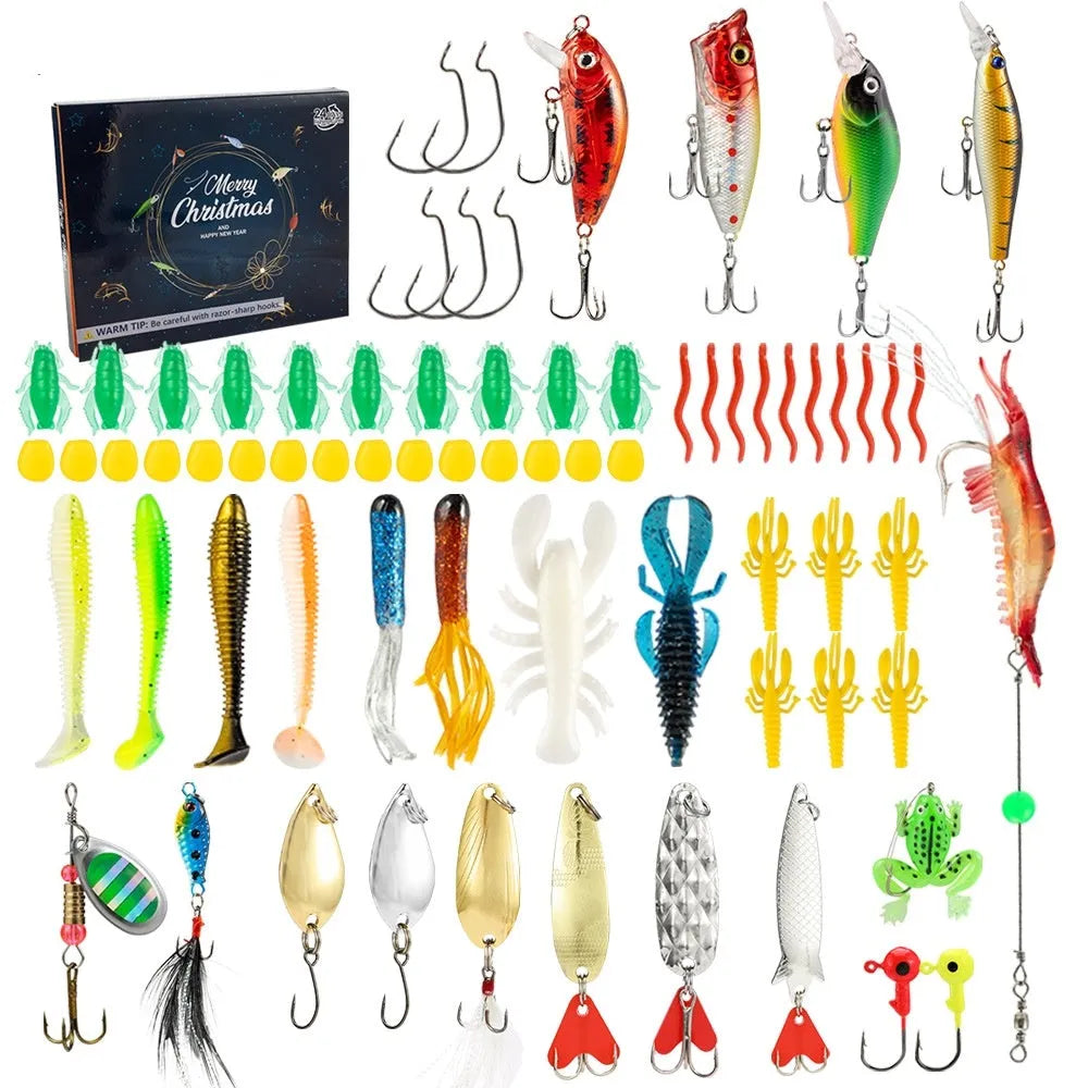 Christmas Mino bog themed metal blind box fishing set with 24 pieces including tackle and collectible figures.