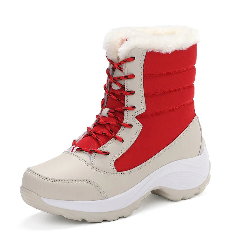 Women's waterproof snow boots with 3-5cm wedge heel featuring velvet upper and artificial hair lining for winter warmth and non-slip PU sole