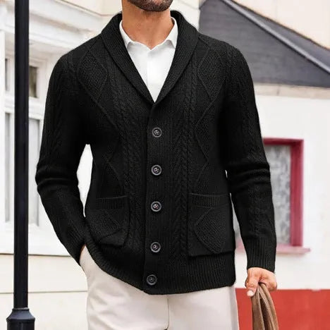 Thickened jacquard men's cardigan in khaki knit fabric with button front and long sleeves